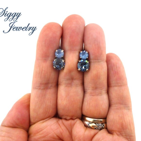 Denim Blue and Denim Ignite Double Drop Austrian Crystal Earrings - Picture 5 of 6